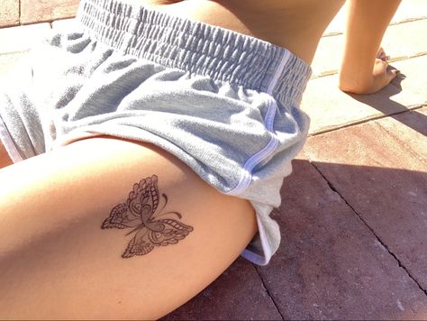 Upper Leg Butterfly Tattoo, Butterfly Tattoo On Upper Thigh, Butterfly Tattoo Upper Thigh, Moth Tattoo Design Thigh, Moth Tattoo On Ankle, Moth Tattoo On Thigh, Leg Tattoo Placements, Butterfly Leg Tattoos, Butterfly Thigh Tattoo