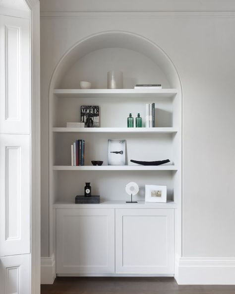 https://www.instagram.com/p/CR6zCQlopmL/?utm_medium=share_sheet Cove Shelving, Arched Alcove, Shelving Design, Classic Interiors, Remodel Inspiration, Bedroom Remodel, Apartment Renovation, Home Entrance Decor, Entrance Decor