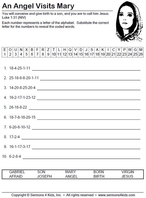 An Angel Visits Mary - Decoder Puzzle Angel Visits Mary Coloring Page, Angel Visits Mary, Awana Games, Christmas Sunday School Lessons, Sunday School Worksheets, Childrens Bible Study, Breakfast Kids, Bible Study Activities, Children Bible