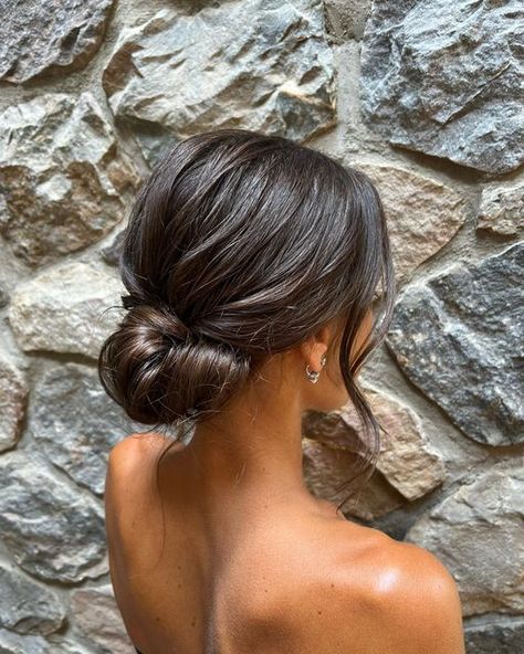 Updo Hairstyle For Bridesmaids, Buns Hairstyles Prom, Graduation Hair Updo, Low Bun Event Hair, Prom Guest Hairstyle, Bun Hairstyles For Graduation, Wedding Hair Without Extensions, Wedding Simple Updo, Graduation Guest Hairstyles