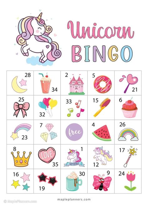 Unicorn Bingo Free Printable, Unicorn Party Invites Free Printable, Birthday Bingo Free Printable, Unicorn Birthday Party Games, Unicorn Activities For Kids, Unicorn Cupcake Topper, Unicorn Activities, Kids Unicorn Party, Unicorn Games