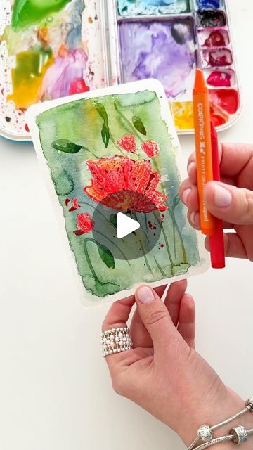 Anna Koliadych on Instagram: "Quick and fun poppies painting: watercolor with wax crayons, using the resist watercolor technique. Give it a try! 🥰❤️ #watercolor #watercolortutorial #crafts #diy #watercolorillustration #watercolorinspiration #artprocess" Poppies Painting, Wax Crayons, Poppy Painting, Watercolour Tutorials, Watercolor Inspiration, Water Painting, Process Art, Painting Watercolor, Watercolor Techniques