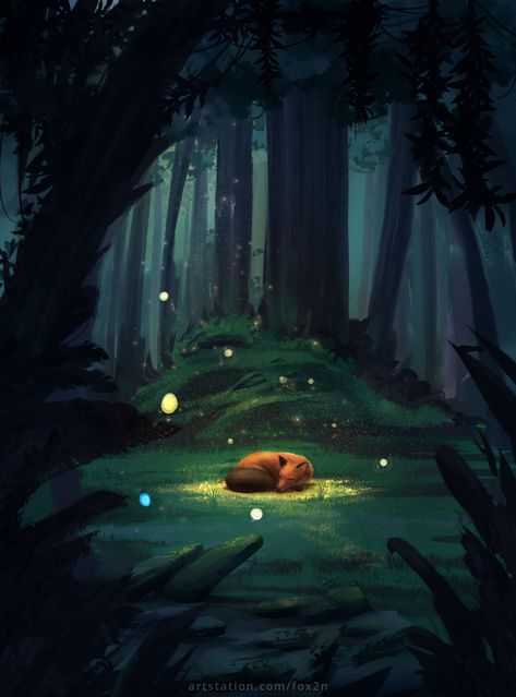 ArtStation - The Fox in the forest Fox In The Forest, Forest Drawing, Forest Fox, Forest Illustration, Forest Painting, Fox Art, Stray Cat, Dreamy Art, Story Inspiration