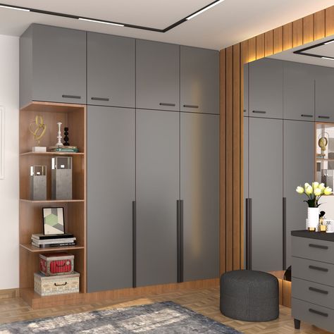 Grey Hinged Modern Wardrobe Design Idea with Loft and Mirror | Livspace Wardrobe Color Ideas Bedroom, Bedroom Arch, Wardrobe Design Bedroom Modern Luxury, Wardrobes Designs, Veneer Wardrobe, Wardrobe Design Bedroom Modern, Wooden Cupboard Design, Modern Wardrobe Design, Wall Wardrobe