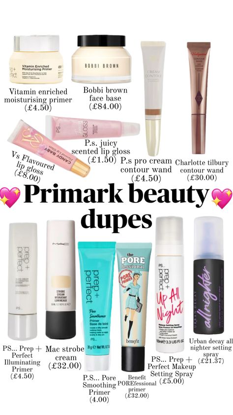 Primark beauty dupes #primarkbeauty #primark #beauty #makeup Primark Shop, Primark Outfit, Primark Makeup, Strobe Cream, Flavored Lip Gloss, Aura Colors, Glow Up Tips, Makeup Items, Makeup Storage