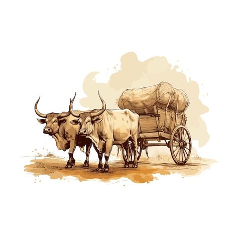 An illustration of two oxen pulling a ca... | Premium Vector #Freepik #vector #cattle #farmers #bullock #agrarian Bullock Cart, Pull Wagon, Cow Photos, Animal Action, Bull Art, Pull Cart, Black Art Painting, Western Art, Watercolor Landscape