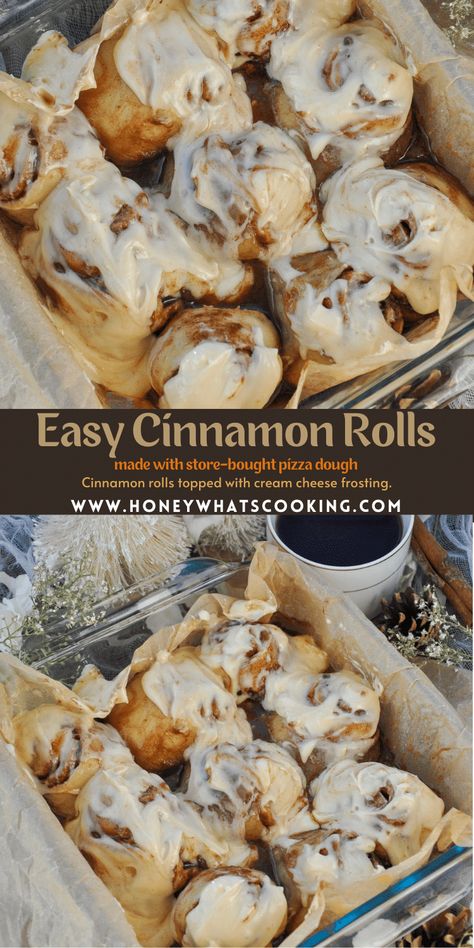 Quick and easy Cinnamon Rolls made using store-bought pizza dough, ground cinnamon, butter, sugar, and cream cheese frosting. Cinnamon Rolls With Store Bought Dough, Cinnamon Rolls Premade Dough, Connamon Rolls, Cinnomon Rolls, Pizza Dough Cinnamon Rolls, Store Bought Dough, Easy Cinnamon Rolls, Store Bought Pizza Dough, Easy Cinnamon Rolls Recipe