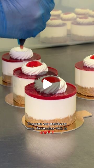 HERIOTS - Patisserie on Instagram: "Decorate our strawberry mini cheesecakes with us! 🍓❣️  Since you loved our passion fruit mini cheesecake video, we thought we’d share even more mini cheesecake deliciousness with you! 😌  Sitting on a classic biscuit base is a layer of smooth Philadelphia cheesecake, topped by handmade strawberry glaze and a fresh cream swirl. 🍓  These are as delicious as they look. Have you tried our strawberry mini cheesecakes yet?" Strawberry Cheesecakes, Cheesecake Decoration, Food Menu Ideas, Mini Strawberry Cheesecake, Philadelphia Cheesecake, Strawberry Glaze, Mini Tortillas, Cheesecake Bites, Fancy Desserts