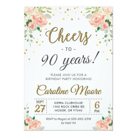 Cheers to Ninety Years Ladies 90th Birthday Party Invitation - tap, personalize, buy right now! #Invitation #peach #peonies #peony #flowers #spring Cheers To 80 Years, 60th Birthday Party Invitations, 30th Birthday Party Invitations, 40th Birthday Party Invites, Surprise Birthday Invitations, 90th Birthday Parties, 100th Birthday Party, 50th Birthday Party Invitations, Party Ladies