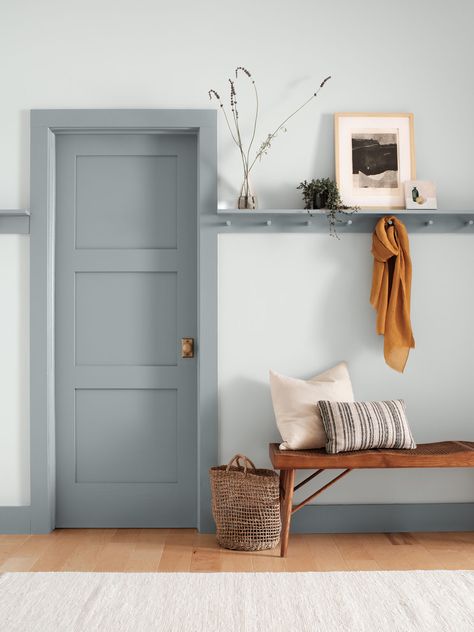 Best Hallway Paint Color, Network Gray, Hallway Paint Colors, Hallway Paint, September Colors, Color Of The Month, Japandi Home, Mahogany Doors, Best Paint Colors