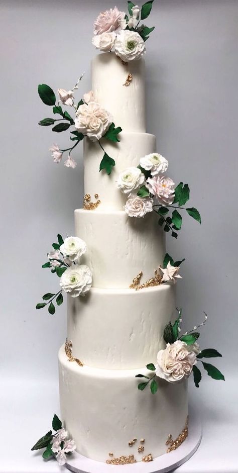 Five tier Wedding Cake Unreal! What a stunner this fondant tower wedding cake with subtle texture and sugar flowers. Such a delicate and... White Textured Wedding Cake, Wedding Cake Tower, Five Tier Wedding Cake, Ornate Wedding, Tall Wedding Cakes, Watercolor Wedding Cake, Textured Wedding Cakes, Cake Elegant, Wedding Shower Cakes