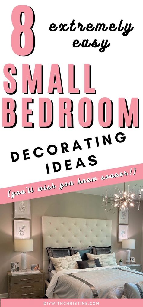 Tired of walking into the same, old, boring, cluttered, tiny master bedroom? Use these 8 easy small bedroom decorating ideas on a budget for your room and turn it into the personal oasis you can’t wait to walk into! Home improvement DIY Bedroom Ideas you need to implement today! #newhomeowners #homedecorbedroom #diyproject #bedroomdecor #smallbedroomdecoratingideasonabudget Cheap Bedroom Makeover, Small Bedroom Decorating Ideas, Diy Bedroom Ideas, Small Bedroom Decorating, Small Bedroom Ideas For Women, Bedroom Ideas For Small Rooms Women, Very Small Bedroom, Small Bedroom Makeover, Small Bedroom Ideas For Couples