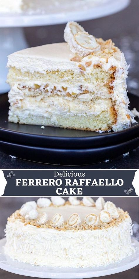 Ferrero Raffaello Cake, Almond Coconut Cake Recipe, Almond Milk Cake Recipes, Rafaello Cake Recipes, Coconut Cream Filling For Cake, Raffaelo Cakes, Coconut Mousse Cake, Almond Cake Decoration, Cake Rafaello