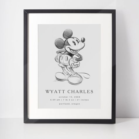 Mickey Sketch, Mickey Mouse Nursery, Mouse Nursery, Classic Mickey Mouse, Nursery Poster, Disney Decor, Birth Details, Birth Stats, Vintage Mickey