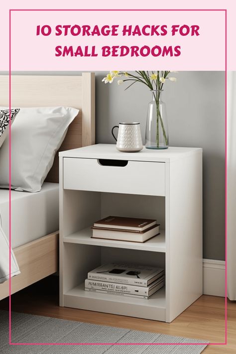 Stylish small bedroom showcasing a chic nightstand with built-in drawers and shelves, perfect for optimizing storage for books and devices. Hacks For Small Bedrooms, Sloped Ceiling Bedroom Ideas, Vertical Shelves, Small Bedroom Desk, Compact Bedroom, Teal Living Room Decor, Comfy Decor, Decorative Storage Bins, Small Bedroom Storage