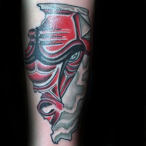 Male With Illinois Chicago Bulls Forearm Tattoo Chicago Tattoo Ideas Men, Illinois Tattoo, Bulls Tattoo, Chicago Bulls Tattoo, Town Tattoo, Wing Tattoo Men, Bears Wallpaper, Flag Tattoos, Chicago Tattoo