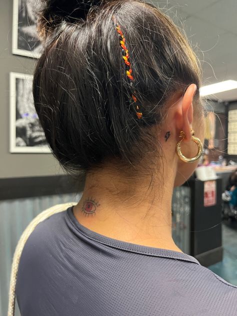 Small Lightning Bolt Tattoo Behind Ear, Behind The Ear Tattoo Ideas Lightning Bolt, Evil Eye Tattoo On Neck, Lightning Bolt Ear Tattoo, Lighting Bolt Tattoo Behind Ear, Peace Sign Tattoo Behind Ear, Eye Tattoo On Neck, Eye Tattoo Neck, Evil Eye Tattoo Back Of Neck