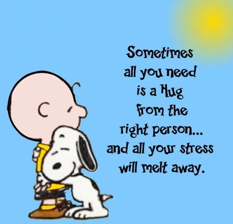 Sometimes all you need is a hug from the right person... and all your stress will melt away. Peanuts Snoopy Quotes, Charlie Brown Cartoon, Charlie Brown Quotes, Happy Day Quotes, Hug Quotes, Snoopy Funny, Snoopy Images, Snoopy Quotes, Snoopy Pictures