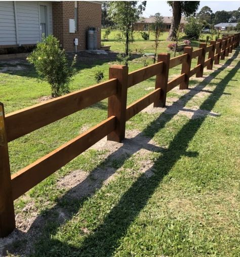 Post & Rail Fencing Farm Wood Fence, Post And Rail Fencing, Driveway Fence Ideas, Post And Rail Fence Ideas, Wooden Farm Fence, House Fencing, Unique Landscaping, Driveway Fence, Post And Rail Fence