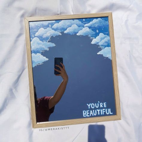 Clouds On Mirror, Mirror Painting Ideas Aesthetic, Mirror Painting Ideas, Painted Mirror Art, Painting Ideas Aesthetic, Mirror Drawings, Cloud Mirror, Seni Cat Air, Mirror Painting