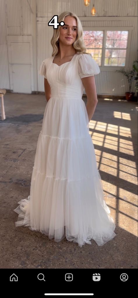 Timeless Wedding Dress Modest, Garment Friendly Wedding Dress, White Tiered Wedding Dress, Modest Simple Wedding Dress, Simple Modest Wedding Dresses, Mormon Wedding Dresses, Modest Wedding Dresses Lds, Layered Wedding Dresses, Casual Wedding Dresses