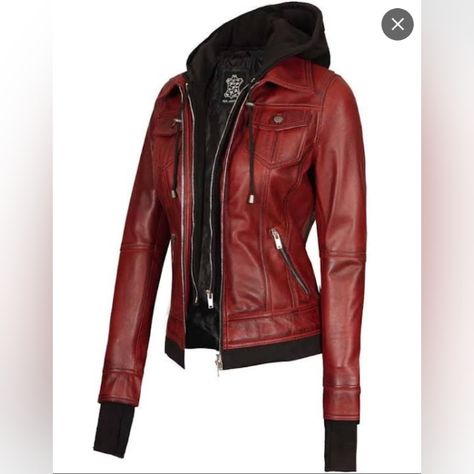 Tailored To Your Size, Genuine Leather Jacket. Maroon Leather Jacket, Womens Moto Jacket, Womens Black Leather Jacket, Mode Punk, Leather Jacket With Hood, Confident Style, Maroon Leather, Real Leather Jacket, Jacket With Hood