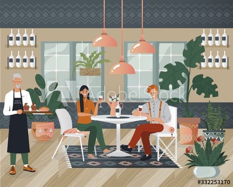 Stock Image: Cozy cafe, characters couple on date, woman and man sit in restaurant, male officer carry tea, coffee, flat vector illustration. Interior design for coffee shop. Web banner, webpage. Couple On Date, Design For Coffee Shop, Illustration Interior, On Date, Flat Vector Illustration, Cozy Cafe, Flat Vector, Web Banner, Coffee Shop