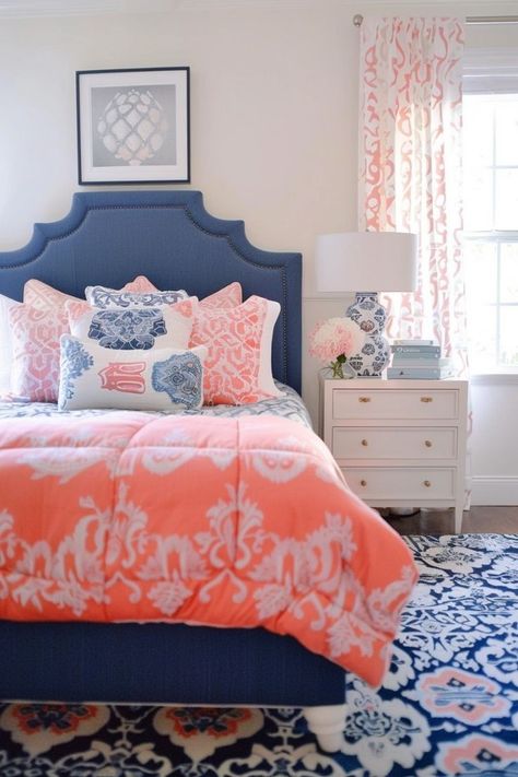 Coral And Navy Bedroom, Light Pink Bedroom, Mint Green Room, Green Room Design, Light Pink Bedrooms, Navy Bedrooms, Pink Bedroom Decor, Pink Bedrooms, Luxurious Bedroom