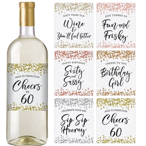 * 60th BIRTHDAY - Our wine bottle labels make the perfect birthday gift for women. Apply the labels to your favorite wine and serve in a gift basket. * SET OF 6 - Each order contains 6 unique wine bottle labels * PARTY DECOR - Celebrate in style! Elegant, modern and fun! * STANDARD SIZE - Our vinyl adhesive labels will fit most standard wine bottles. Minor assembly required- just peel and stick to your favorite bottle of wine. Remove original label for best results. * WATERPROOF - Our birthday w 60th Birthday Wine Labels, 70th Birthday Parties Decorations, 40th Birthday Wine, 21 Birthday Party Decorations, Happy Birthday Cheers, Birthday Wine Bottle Labels, Unique Wine Bottles, Birthday Wine Bottles, 30th Birthday Party Decorations