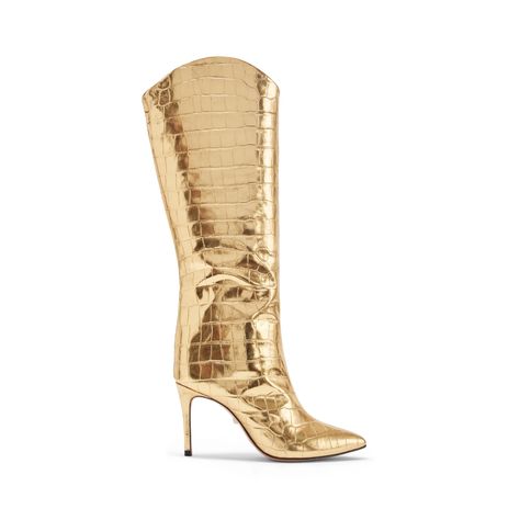 Maryana Boot in Gold Crocodile Embossed Leather | Schutz Shoes – SCHUTZ Sweater And Jeans, Modern Boots, Gold Boots, Gold Shoes, Shopping App, Sweaters And Jeans, Fashion Bloggers, High Heel Boots, Shoe Sale