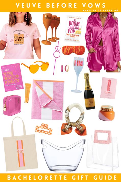 Looking for bachelorette party favors for a Veuve Before Vows bachelorette weekend? We've got you covered! We love incorporating a Veuve Clicquot aesthetic into your bachelorette weekend. Orange and pink hues are key! Find all the links to our bachelorette gift guide on our website! Pink And Orange Bachelorette Party, Veuve Clicquot Aesthetic, Veuve Party, Orange Bachelorette, Veuve Before Vows Bachelorette, Veuve Before Vows, Champagne Bachelorette Party, Party Favors Bachelorette, Beach Bach