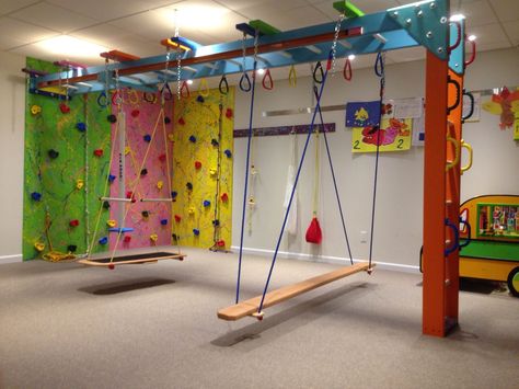 In-Home Sensory Gyms Playroom Gym, Gym Playroom, Kids Indoor Gym, Kids Playroom Basement, Kids Jungle Gym, Sensory Gym, Garage Playroom, Indoor Jungle Gym, Indoor Play Area