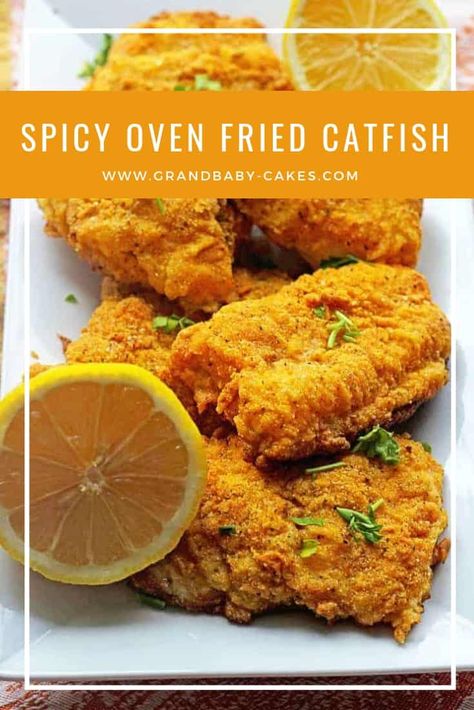 Perfectly flavorful oven fried catfish with a spicy edge.  Get that fantastic Southern flavor without the extra fat of frying. #catfish #southern #soulfood #fried Oven Fried Catfish, Baked Catfish, Oven Fried Fish, Grandbaby Cakes, Catfish Recipes, Resepi Ayam, Gf Flour, Fried Catfish, Fried Fish Recipes