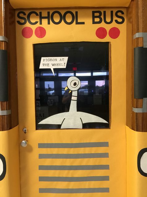 Pigeon finally gets to drive the bus! Transportation Theme Classroom Door, Pigeon Door Decoration, Magic School Bus Door Decoration, Magic School Bus Classroom Theme, Kindergarten Classroom Door, Holiday Classroom Doors, Mo Willems Author Study, Mo Williams, Pigeon Books