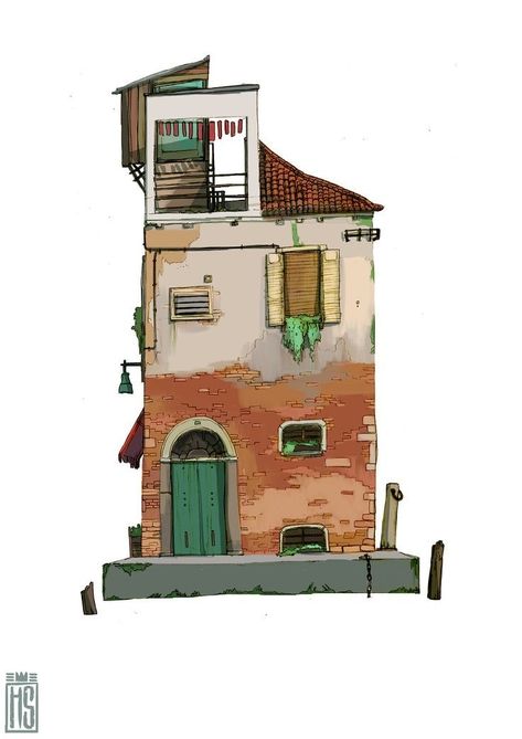 Cartoon Building, Building Painting, Digital Painting Techniques, Cartoon House, Building Drawing, Architecture Drawing Art, House Illustration, Building Art, Scene Design