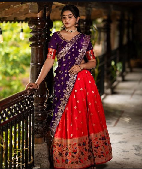 Saree Colour Combination, Fancy Half Sarees, Half Saree Blouse Designs, Saree Color Combinations, Designer Bridal Lehenga Choli, Blouse Designs High Neck, Half Saree Lehenga, Dresses Sewing, Bright Outfits