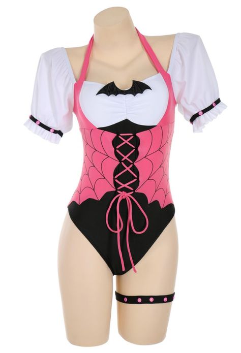 Blood Girl One-Piece Swimsuit- Swimwear Outfit | Pink Gothic Swimwear In Stock Girly Costumes, Japanese Style Clothing, Leg Ring, Swimsuit Cosplay, Swim Pool, Swimsuit Pattern, Women Bathing, Bat Wing, Swimsuits Hot