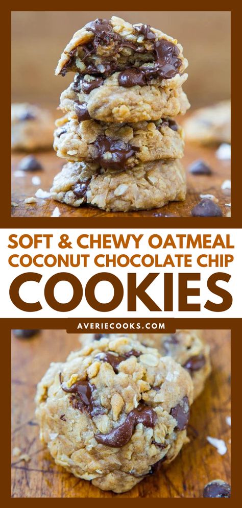 BEST EVER Oatmeal Coconut Chocolate Chip Cookies - Averie Cooks Oatmeal Chocolate Chip Coconut Pecan Cookies, Oatmeal Coconut Chocolate Cookies, Oatmeal Cookies White Chocolate Chip, Coconut Oil Oatmeal Cookies, Coconut Oil Oatmeal Chocolate Chip Cookies, Coconut Oatmeal Recipes, Choco Chip Oatmeal Cookies, Chocolate Chip Coconut Cookies Recipes, Oatmeal Coconut Chocolate Chip Bars