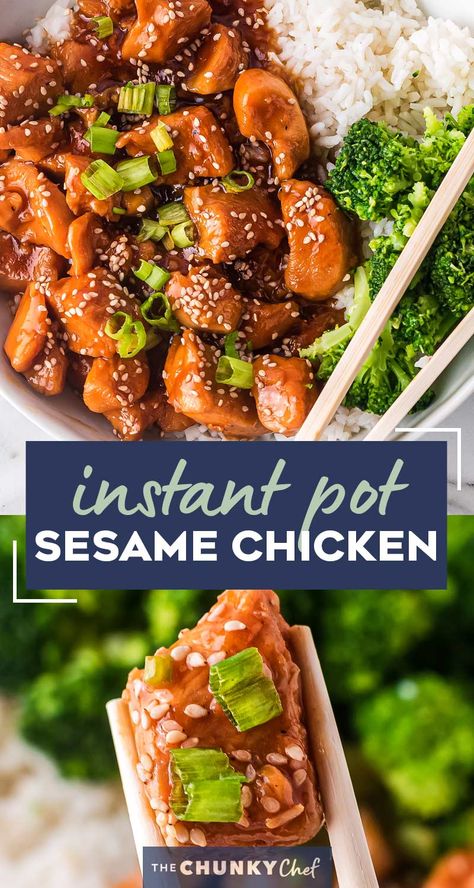 This Instant Pot Sesame Chicken is ready in about 30 minutes.  Tender chicken pieces coated in a glorious sweet sesame sauce with a little kick of spice, better than any takeout! #chicken #sesamechicken #asianchicken #instantpot #pressurecooker #sesame #sweetnspicy #dinner #easyrecipe #chickenrecipe Instant Pot Sesame Chicken, Sesame Chicken Crockpot, Chicken Over Rice, Sesame Chicken Recipe, Sweet Chicken, Honey Sesame, Best Instant Pot Recipe, Panda Express, Sesame Chicken