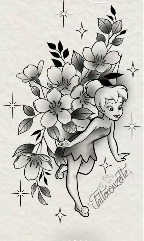 Tinkerbell Memorial Tattoo, Tinkerbell Flower Tattoo, Tinker Bell Tattoo Design, Tinker Bell Tattoos For Women, Tinker Bell Tattoos, Disney Tattoo Sleeves For Women, Disney Outline, Fairies Tattoo, Tinkerbell Drawing