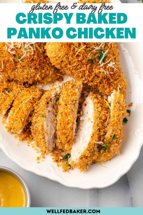 This crispy baked panko chicken is an easy weeknight dinner that's not only gluten free but delicious and juicy! Baked Panko Chicken Breast, Oven Breaded Chicken, Baked Panko Chicken, Healthy Grilled Chicken Recipes, Easy Fast Dinner Recipes, Dairy Free Recipe, Quick Chicken Dinner, Panko Chicken, Gluten Free Dinner Easy