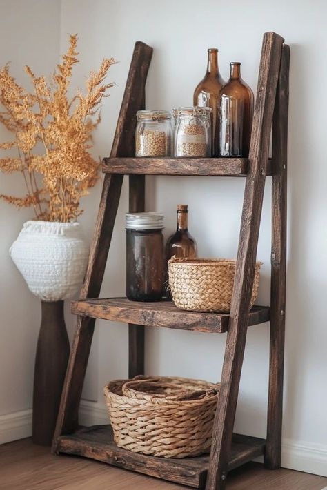 "Add rustic charm to your home with a DIY Vintage Ladder Shelf! 🛠️📚 Perfect for blending storage with style. 🌟✨ #DIYLadderShelf #VintageDecor #HomeProjects" Diy Standing Shelf, Diy Ladder Shelf, Rustic Ladder Shelf, Ladder Shelf Diy, Step Shelves, Standing Shelf, Vintage Ladder, Diy Ladder, Rustic Ladder