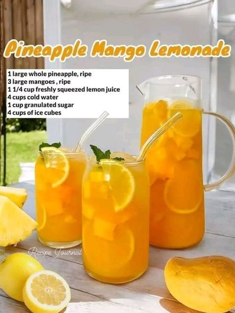 Mediterranean Kitchen Recipes | Pineapple Mango Lemonade  | Facebook Pineapple Mango Lemonade, Lemon Raspberry Desserts, Mango Lemonade Recipe, Peanut Butter Breakfast Cookies, Pineapple Lemonade Recipe, Ice Cube Recipe, Recipes Pineapple, Fun Drink Recipe, Mango Lemonade