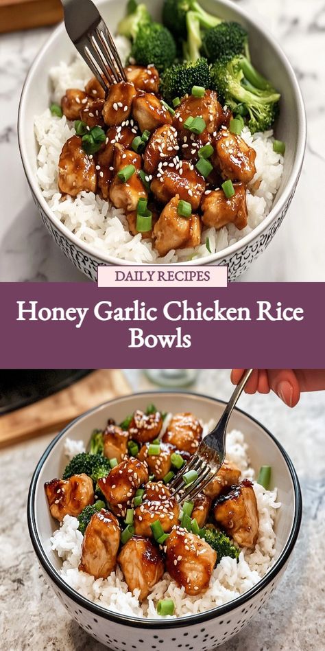 Savor the perfect balance of sweet and savory with our Honey Garlic Chicken Rice Bowls recipe. Tender chicken coated in a sticky honey garlic sauce served over fluffy white rice, this dish is a winner for dinner! Easy to make and bursting with flavor, these rice bowls are sure to become a family favorite. Try it tonight and treat your taste buds to a delicious homemade meal! Garlic Chicken Rice, Healthy Rice Bowl, Bowl Recipes Healthy, Rice Bowl Recipes, Fluffy White Rice, Healthy Bowls Recipes, Chicken Rice Bowls, Honey Garlic Sauce, Rice Bowls Recipes