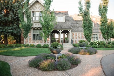 Tudor Home Landscaping, Tudor Garden Design, English Tudor Landscaping, European Farmhouse Landscaping, Tudor House Landscaping, Tudor Landscaping, Tudor Garden, Tudor House Exterior, Tudor Homes