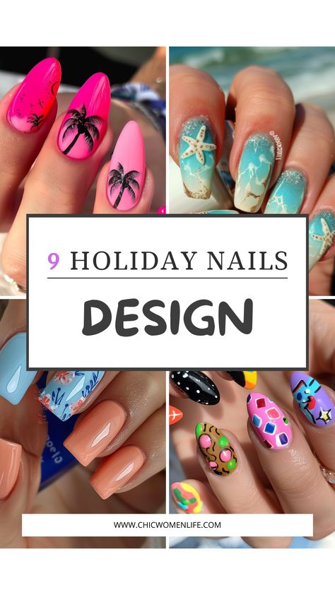 9 holiday nails design ideas Tropical Holiday Nails, Summer Christmas Nails, Tropical Christmas Nails, Beach Themed Nails, Ice Cream Trucks, White Summer Nails, Bright Pink Nails, Palm Tree Nails, Nails Design Ideas