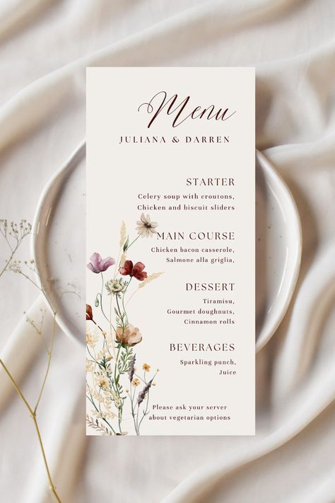 Wildflowers Wedding Menu Template Fully Editable Canva Card Instant Download 4x9 Dinner Party Menu Template Printable Juliana #menueditable #wildflowersmenu #weddingmenucard #pdfeditablemenu #floralmenutemplate #canvatemplate #instantdownload #summermenu #printablewedding Floral Wedding Menu Design, Fall Menu Design, Dinner Party Menu Template, Menu Design Wedding, Party Menu Template, Wedding Menu Ideas, Wedding Menus Design, Autumn Dinner, Wildflowers Wedding