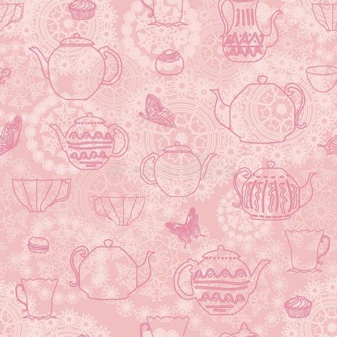 Vector pink vintage seamless pattern background with teapots teacups butterflies cakes and doilies backdrop. Perfect for fabric, scrap booking, wallpaper royalty free illustration Tea Party Wallpaper Iphone, Tea Party Background, Tea Pot Wallpaper, Tea Party Background Wallpapers, Tea Party Illustration Drawings, Vintage Teacup Illustration, Tea Wallpaper, Party Background, Butterfly Cakes