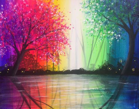 Forest Painting Easy, Acrylic Beginner, Bright Forest, Edward Hopper Paintings, Chakra Painting, Rainbow Forest, Pinots Palette, Inspired Painting, Reflection Painting