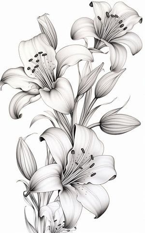 Saint Joseph = white Lillies Lily Forearm Tattoo Women, Lily Flower Tattoos Color, Tattoo Japanese Flower, Fineline Lily Tattoo, Lilly Tattoo Stencil, Lilies Flowers Drawing, Lilly And Rose Tattoo, Lilies Tattoo Design, Lily Tattoo Stencil